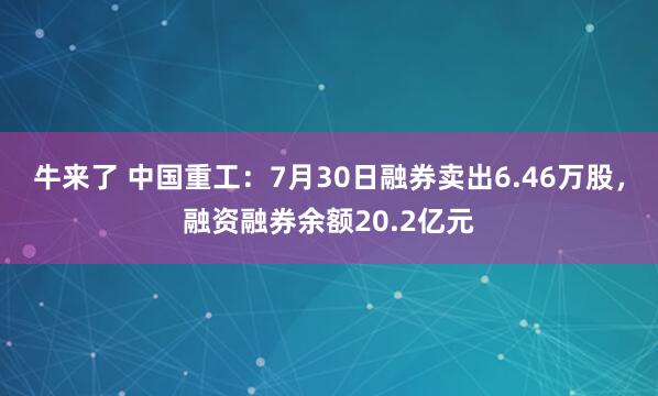牛来了 中国重工：7月30日融券卖出6.46万股，融资融券余额20.2亿元